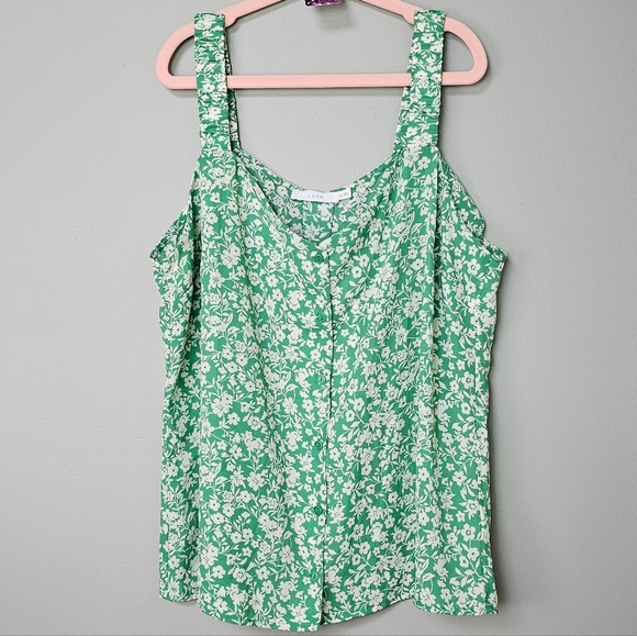 NWOT LUSH Women's Green & White Floral Flowy Oversized Button-Down Tank Top, L - Picture 1 of 8